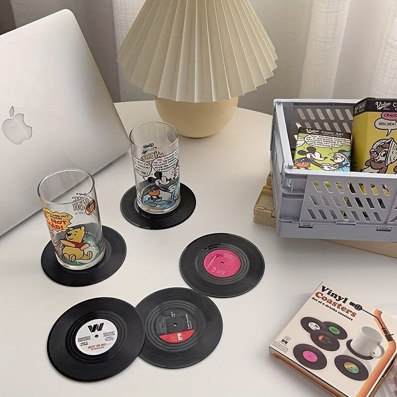 6pcs, Coasters, Vinyl Record Coasters, Creative Retro Classic Nostalgic American Rock CD Non-slip Insulation Pads, Heat Insulation Table Mat