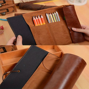 Vintage Retro Treasure Map Luxury Roll Leather Make Up PU Cosmetic Pen Pencil Case Pouch Purse Bag For School HOT