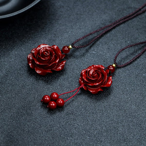 Natural Cinnabar Double Sided Carved Rose Necklace Pendant Good Luck Necklace