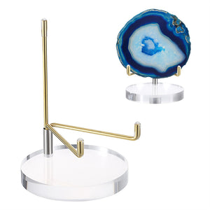 Clear Acrylic Display Stand Holder with Adjustable Metal Arms, Gold Plates Display Stand Easel for Plate Geodes Fossils Minerals Crystals