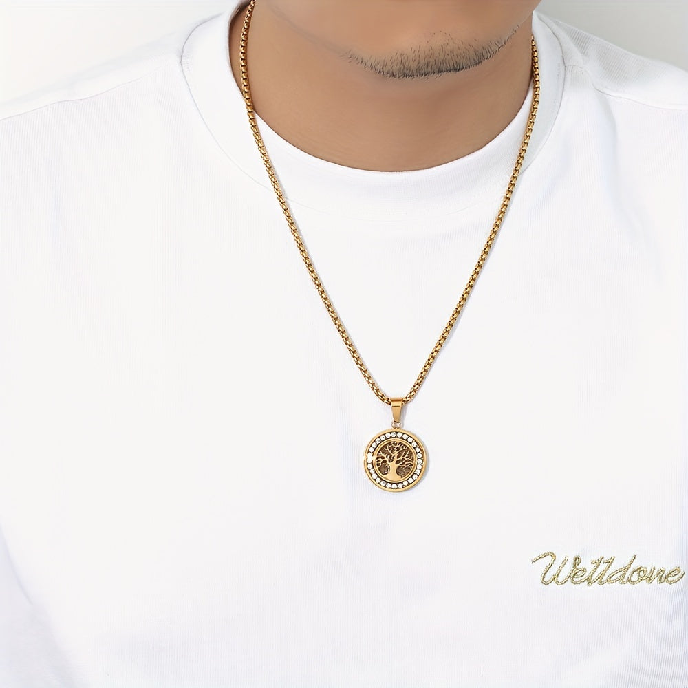 1pc Retro Sacred Tree Of Life Pendant Necklace, Stainless Steel Inlaid Zirconia Men's Necklace Suitable for Daily Wear