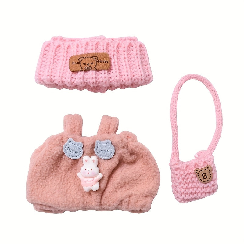 [3pcs Labubu Fashion Set] 3pcs Handcrafted Crochet Labubu Fashion Set | Cute Clothes, Bag, Hat with "Be Happy" Tag | Durable Polyester, Perfect for Birthdays, Anniversaries & Holidays, Festive Gift Item, Playful Design, Labubu Accessories