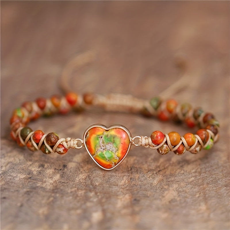 New Natural Stone Colorful Braided Adjustable Bracelet With A Colorful Heart Pendant, Accessories Gift For Boyfriends / Girlfriends