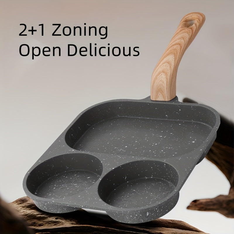 Versatile Non-Stick Aluminum Alloy Frying Pan, Dual Compartment for Eggs & Toast - Rust-Resistant with Wooden Handles, Perfect for Gas & Ind