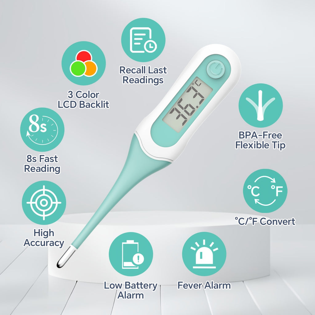 Digital Thermometer - Fast 8s Reading, Dual Scale Fahrenheit/Celsius, 3 Color Backlight, Fever Alarm for Adults & Youngsters, Ideal for Oral, Rectal, Underarm Use - Battery Operated| Backlit Display | Digital Display, Indoor Thermometers for Home