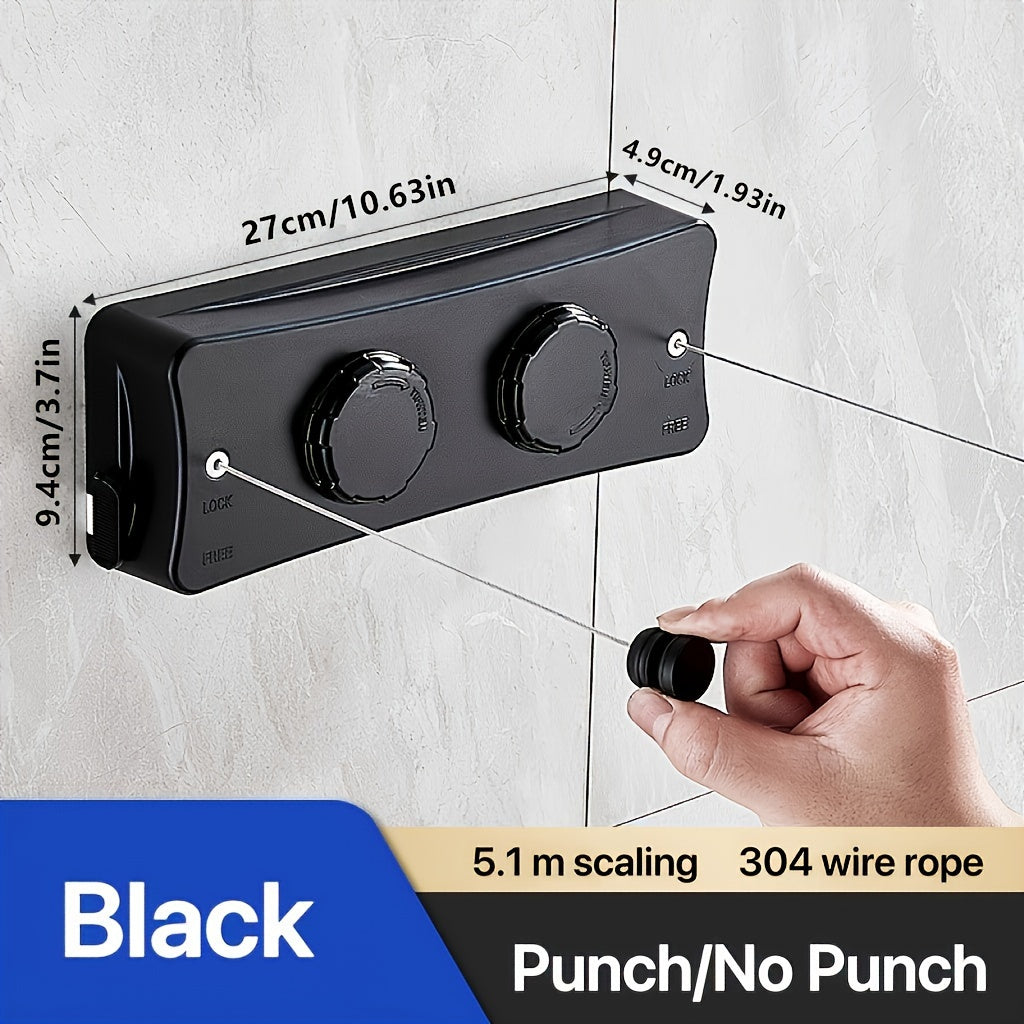 [Popular Choice] Adjustable 5.1m Stainless Steel Retractable Double Line Clothesline - Durable Indoor Invisible Roll-Up Drying Rope with Ant