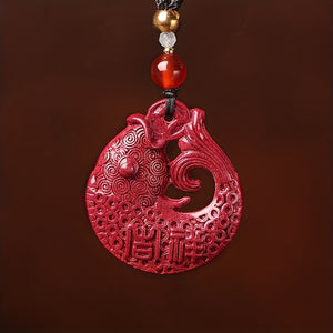 Chinese Red Cinnabar Good Fortune Fish Shape Pendant Necklace