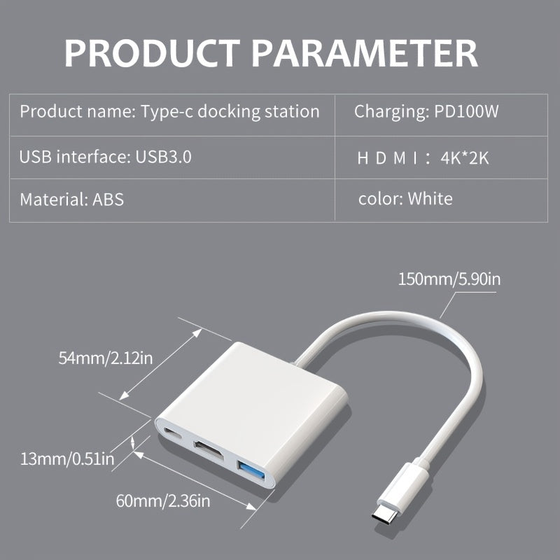 USB-C To HDTV Adapter Multiport, Portable Thunderbolt 3 To [4K HDTV PD Fast Charging 100W, USB 3.0] 3-in-1 USB C Hub For MacBook Pro, New Ma