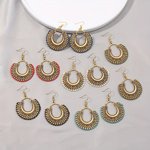 Vintage Round Shape Carved Pattern Dangle Earrings Retro Bohemian Style Alloy Jewelry Delicate Female Gift