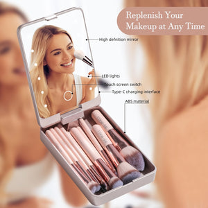 Travel Makeup Brush Set Foundation Powder Concealers Eye Shadows Makeup Set with LED Light Mirror 14 Pcs Mini Makeup Brushes, Valentine's Da