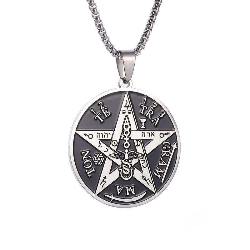 1pc Stainless Steel Angel Amulet Disc Pentagram Seal Label Symbol Graphic Pendant Necklace, Trendy Amulet Jewelry For Men And Women