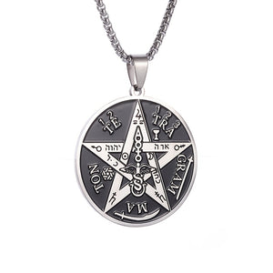 1pc Stainless Steel Angel Amulet Disc Pentagram Seal Label Symbol Graphic Pendant Necklace, Trendy Amulet Jewelry For Men And Women