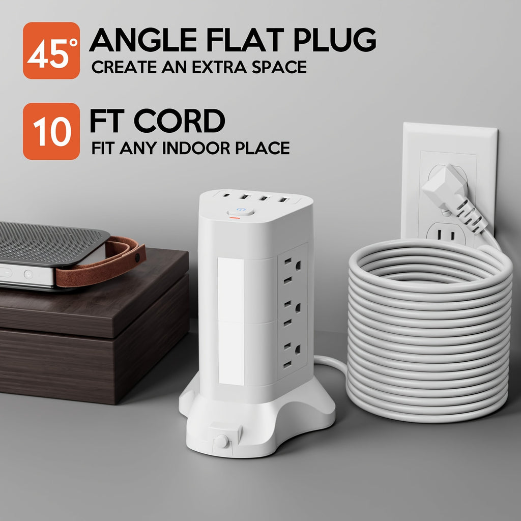 14-in-1 Power Strip with 4 USB Ports (3A + 1C), 9 AC Outlets & Adjustable 3-Color Night Light - 10ft Cord, Angle Flat Plug, Extra Space-Saving Design for Home, Office, Dorm, Hotel, Outdoor