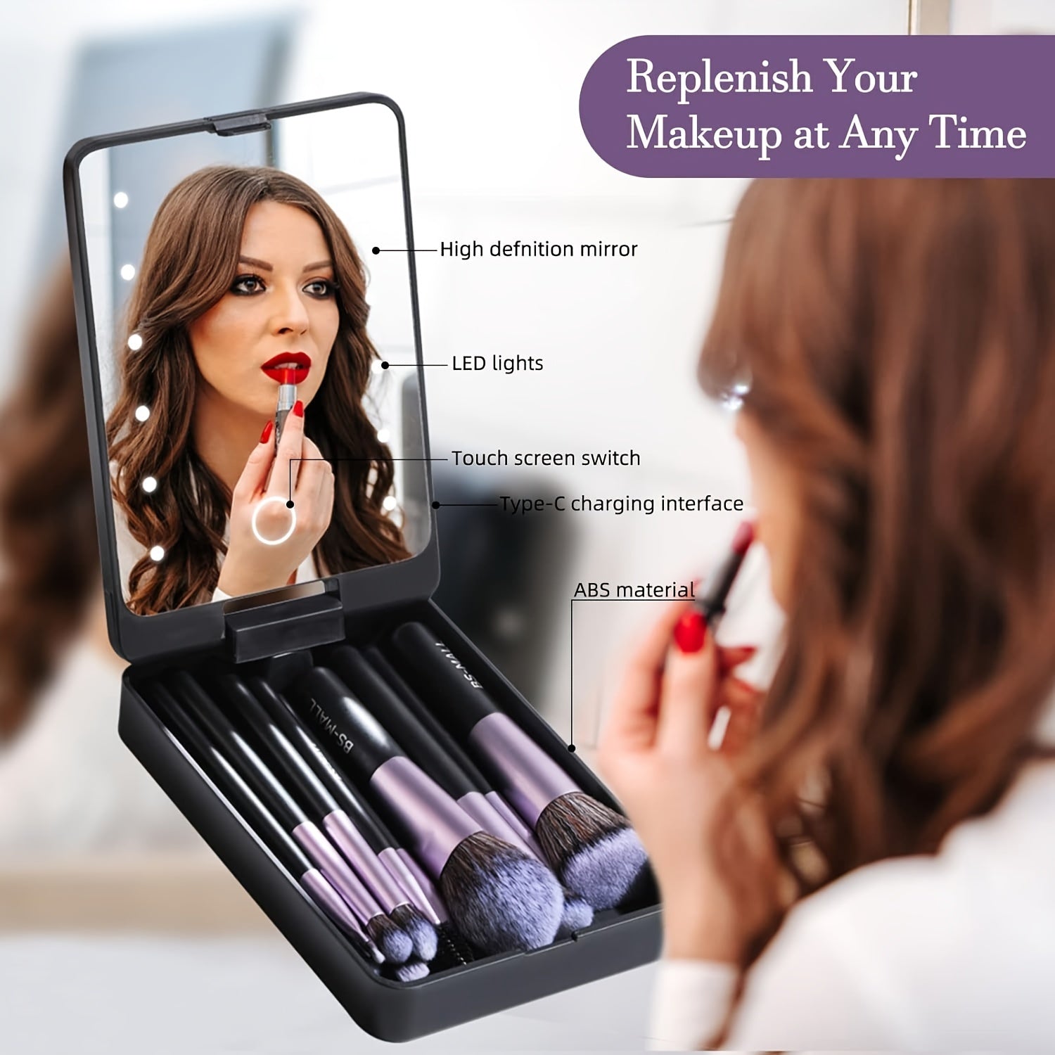 Travel Makeup Brush Set Foundation Powder Concealers Eye Shadows Makeup Set with LED Light Mirror 14 Pcs Mini Makeup Brushes, Valentine's Da