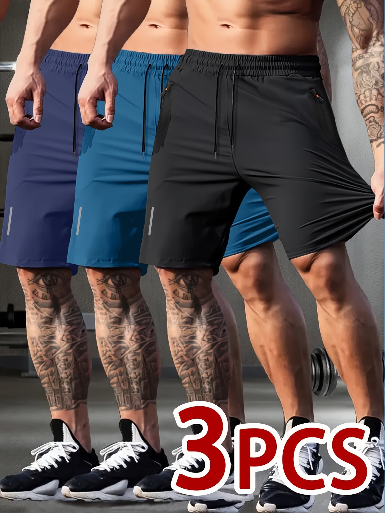 3pcs Men's Quick-Dry Drawstring Shorts with Zipper Pockets - Breathable & Sweat-Wicking, Ideal for Gym, Training, Cycling, Hiking & Swimming - Comfortable Stretch Fabric, Lightweight for Summer Activities