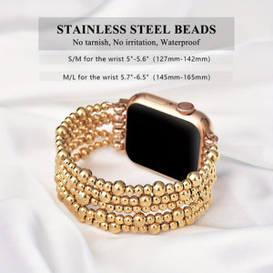 Beaded Bracelet Compatible with Apple Watch Band 4lmm 40mm 38mm Women,Stainless Steel Golden & Silvery Beads, Cute Handmade Elastic Stretch Strap for iWatch Series SE 10 9 8 7 6 5 4 3 2 1