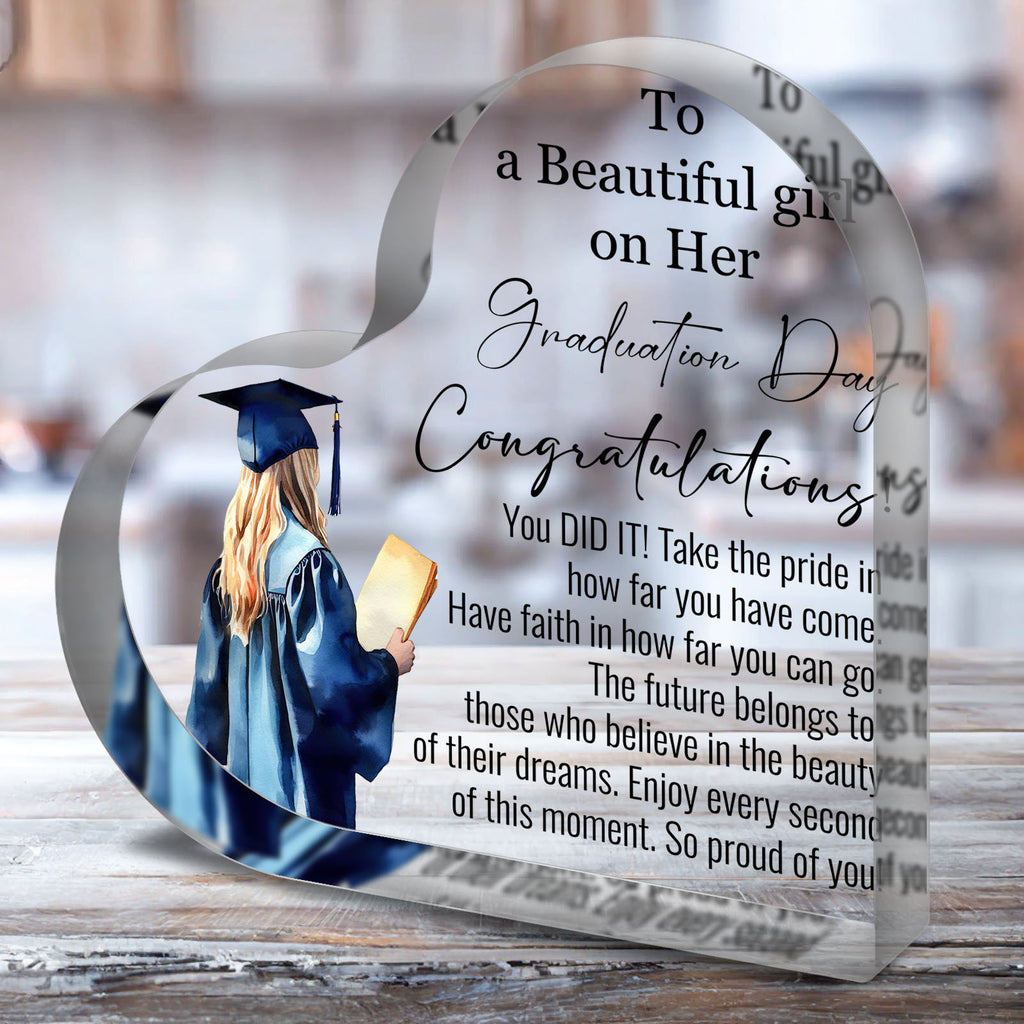 2D Flat 1pc Graduation Gift - Acrylic Heart Gift - Graduation Decor, Good Wishes, Acrylic Plaque Gift for High School, College, Graduation Party Gifts