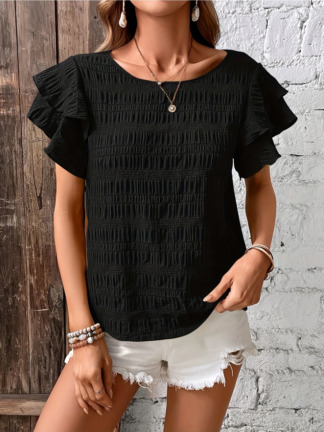 Elegant All-Season Crew Neck Blouse with Timeless Ruffle Detail, Durable & Non-Elastic Fabric - Perfect for Any Occasion