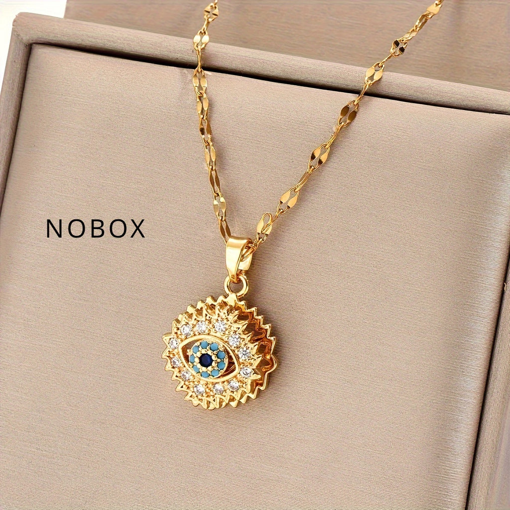 [Golden Lip Chain] Golden Stainless Steel Lip Chain Necklace - Retro Fashion Trend, Simple, Suitable for Men and Women, Couples, Street, Daily, Party, Christmas, Halloween, with Golden-plated Cubic Zirconia Round Rotating Blue Eyes and Studded Zirconia, O