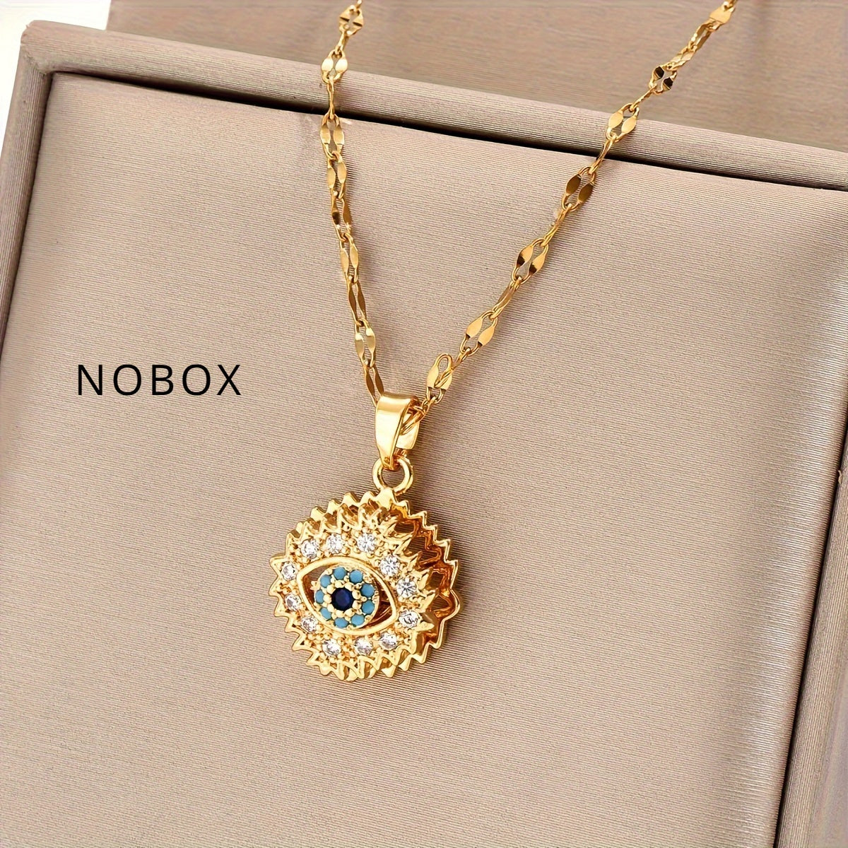 [Golden Lip Chain] Golden Stainless Steel Lip Chain Necklace - Retro Fashion Trend, Simple, Suitable for Men and Women, Couples, Street, Daily, Party, Christmas, Halloween, with Golden-plated Cubic Zirconia Round Rotating Blue Eyes and Studded Zirconia, O