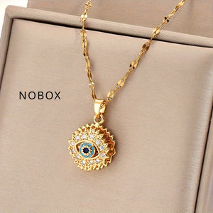 [Golden Lip Chain] Golden Stainless Steel Lip Chain Necklace - Retro Fashion Trend, Simple, Suitable for Men and Women, Couples, Street, Daily, Party, Christmas, Halloween, with Golden-plated Cubic Zirconia Round Rotating Blue Eyes and Studded Zirconia, O