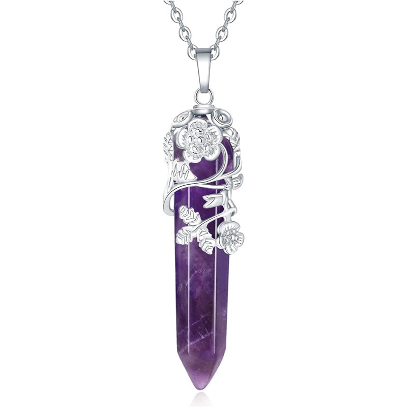 Flower Wrapped Crystal Point Pendant Necklace Reiki Healing Crystals Stone Necklaces Gemstone Quartz Jewelry for Women