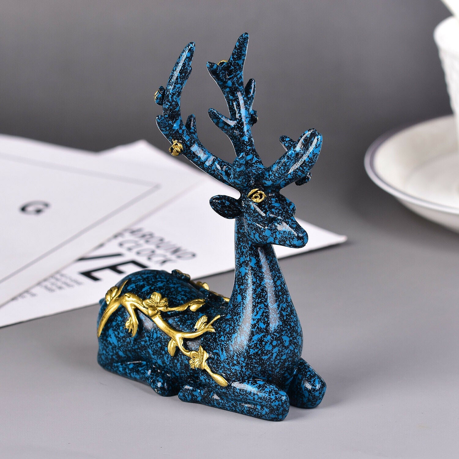 3.8'' Dark Blue Deer Crystal Ball Holder Resin Room Decor Sphere Stand Holder