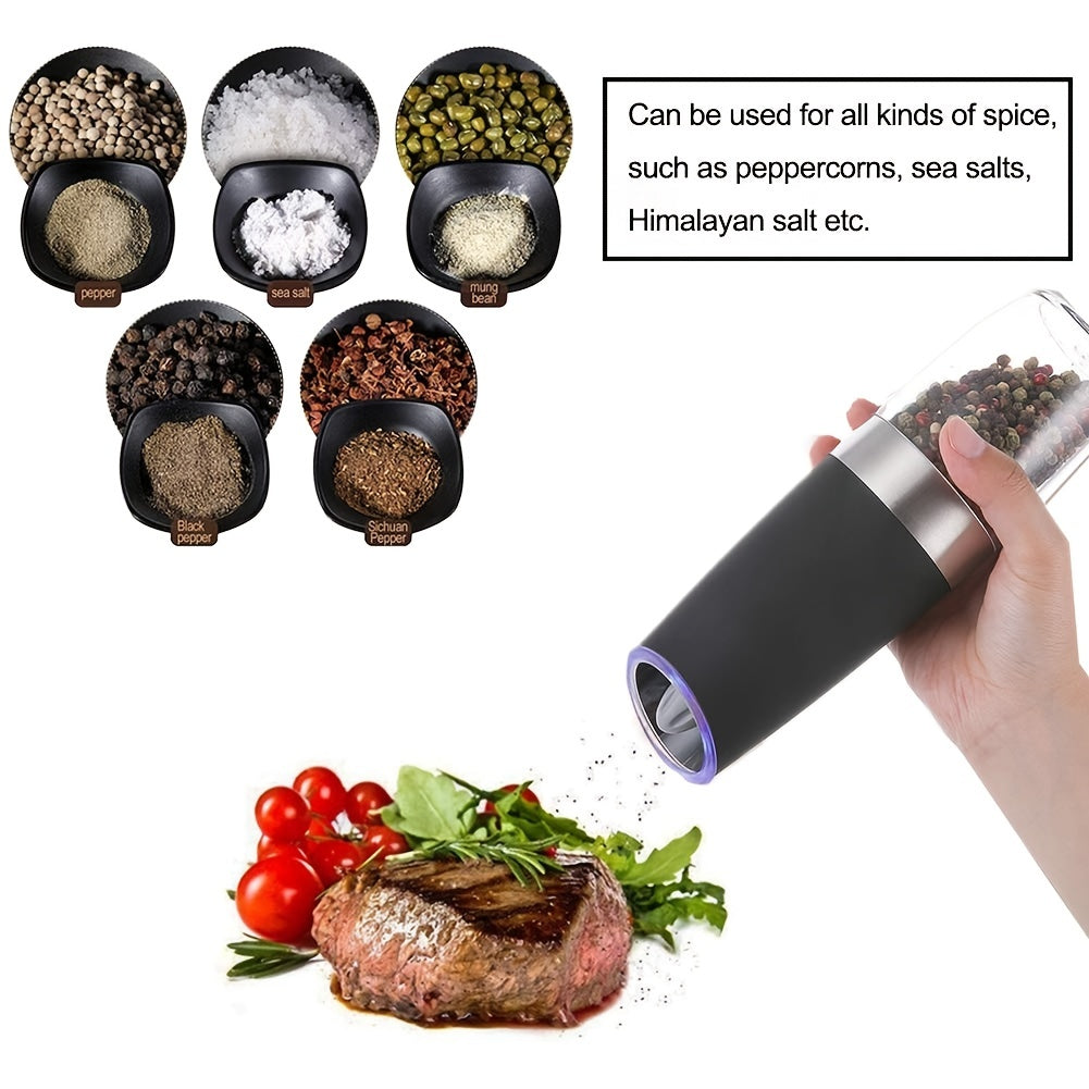 1pc/2pcs Set Gravity Electric Salt and Pepper Grinder, Salt Or Pepper Mill & Adjustable Coarseness, Battery Powered With LED Light, One Hand