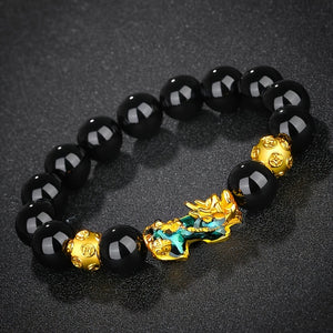 1PC Synthetic Obsidian Beads Alloy Color Changing Pixiu Bracelet, Buddha Beads Elastic Rope Hand Jewelry, Unisex Holiday, Christmas New Year