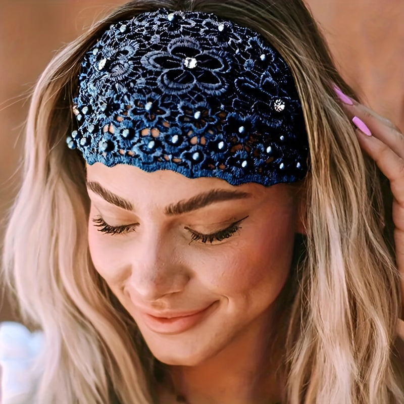 1pc, 4 Styles, Elegant Hollow Lace Flower Pattern Headband, With Faux Pearl Charms Stretch Headband, Wide Brim Rhinestone Hair Accessories,