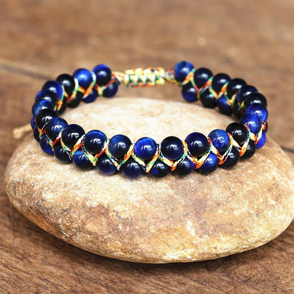 New Trendy Simple 6MM Colorful Tiger Eye Stone Beaded Adjustable Bracelet For Men, Holiday Gift For Boyfriends / Girlfriends