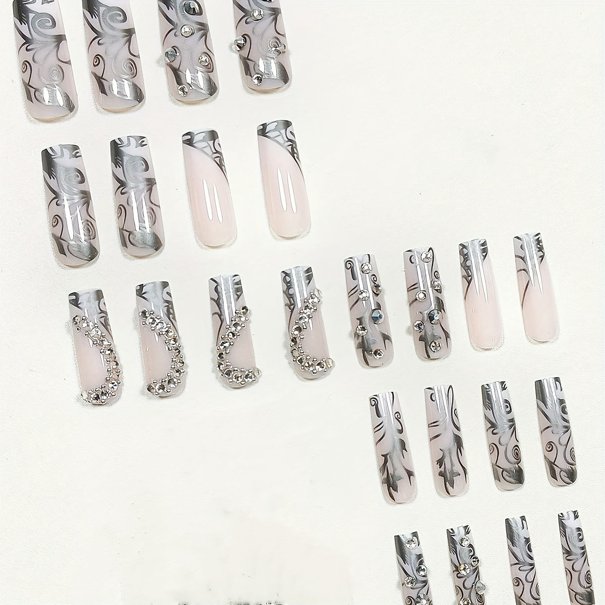 24pcs Glossy Long Square Fake Nails, Nude Press On Nails With Silvery Stripe And 3D Heart Rhinestone Chain Design, Sweet And Romantic False