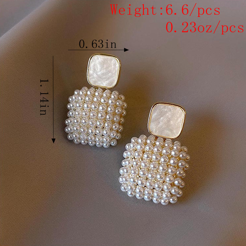 Rice Faux Pearl White Square Pendant Drop Earrings 18K Gold Plated  Simple Design Jewelry For Women Girls Gift 1Pair