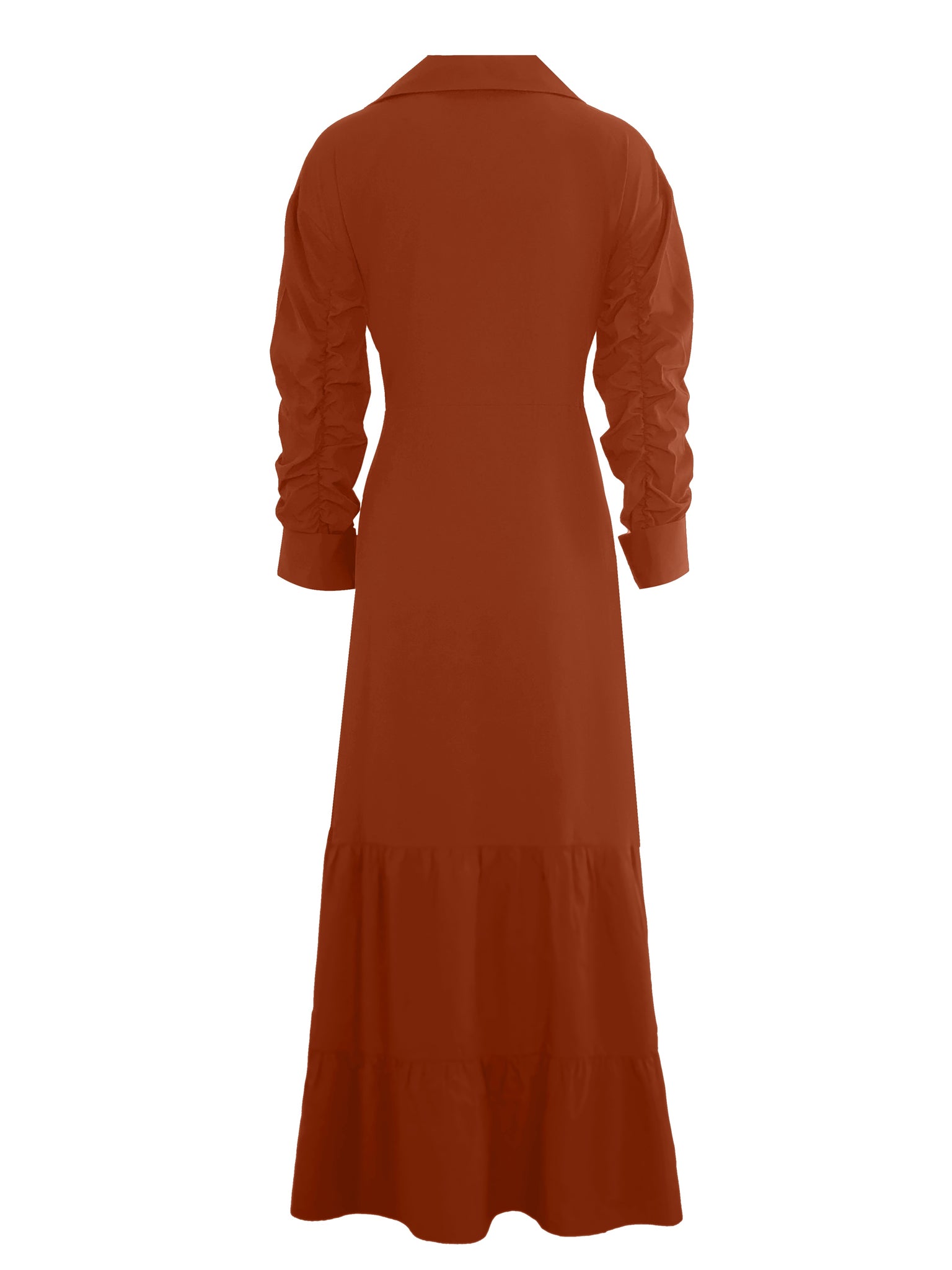 Elegant Maxi Dress with Belt and Ruched Sleeves for Women - Chic Ruffle Trim, Woven Polyester, Ideal for Spring/Fall