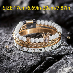 Luxury Crown Charm Golden Skull Bracelet, Stainless Steel Men's White Enamel Roman Numerals Bangle Fashion Jewelry