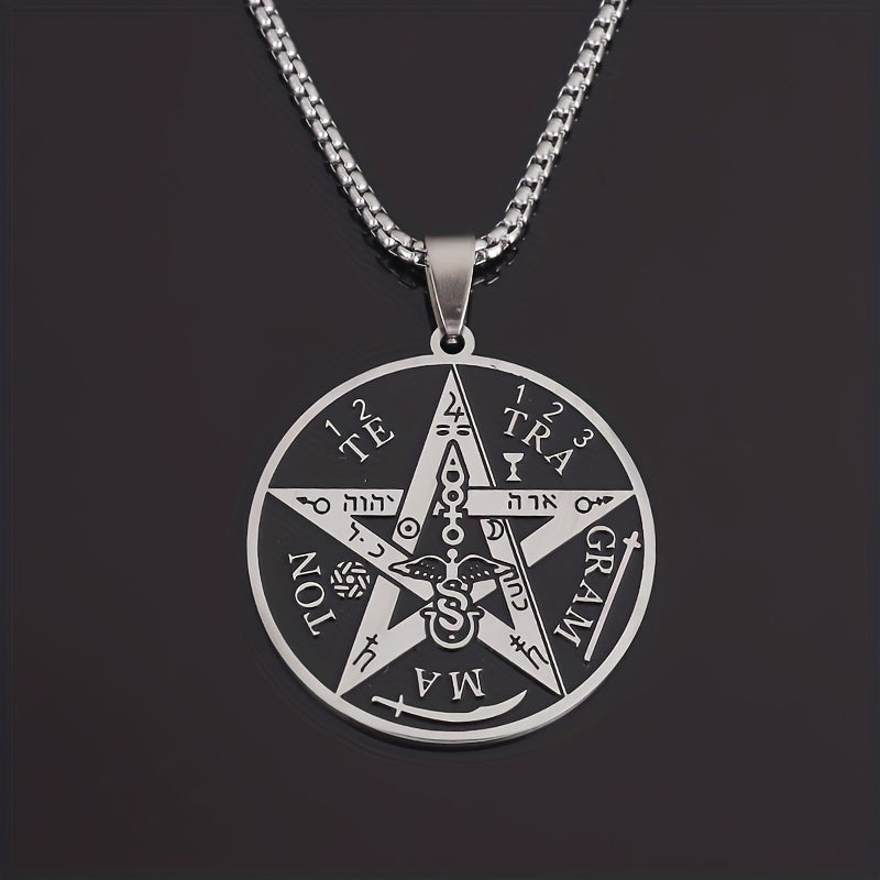 1pc Stainless Steel Angel Amulet Disc Pentagram Seal Label Symbol Graphic Pendant Necklace, Trendy Amulet Jewelry For Men And Women