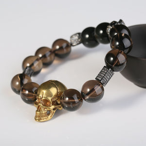 Brass Skulls Bracelets Smoky Quartz Citrine Gothic Men Fashion Crystal Beads