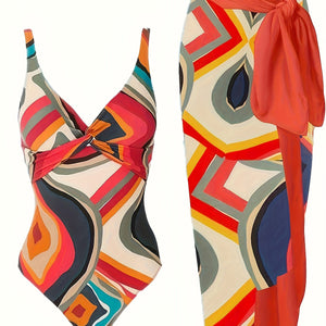 Plus Size Elegant Tankini Set, Women's Plus Geo Print Twist Front One Piece Swimsuit & Knot Side Cover Up Skirt Bathing Suit 2 Piece Set