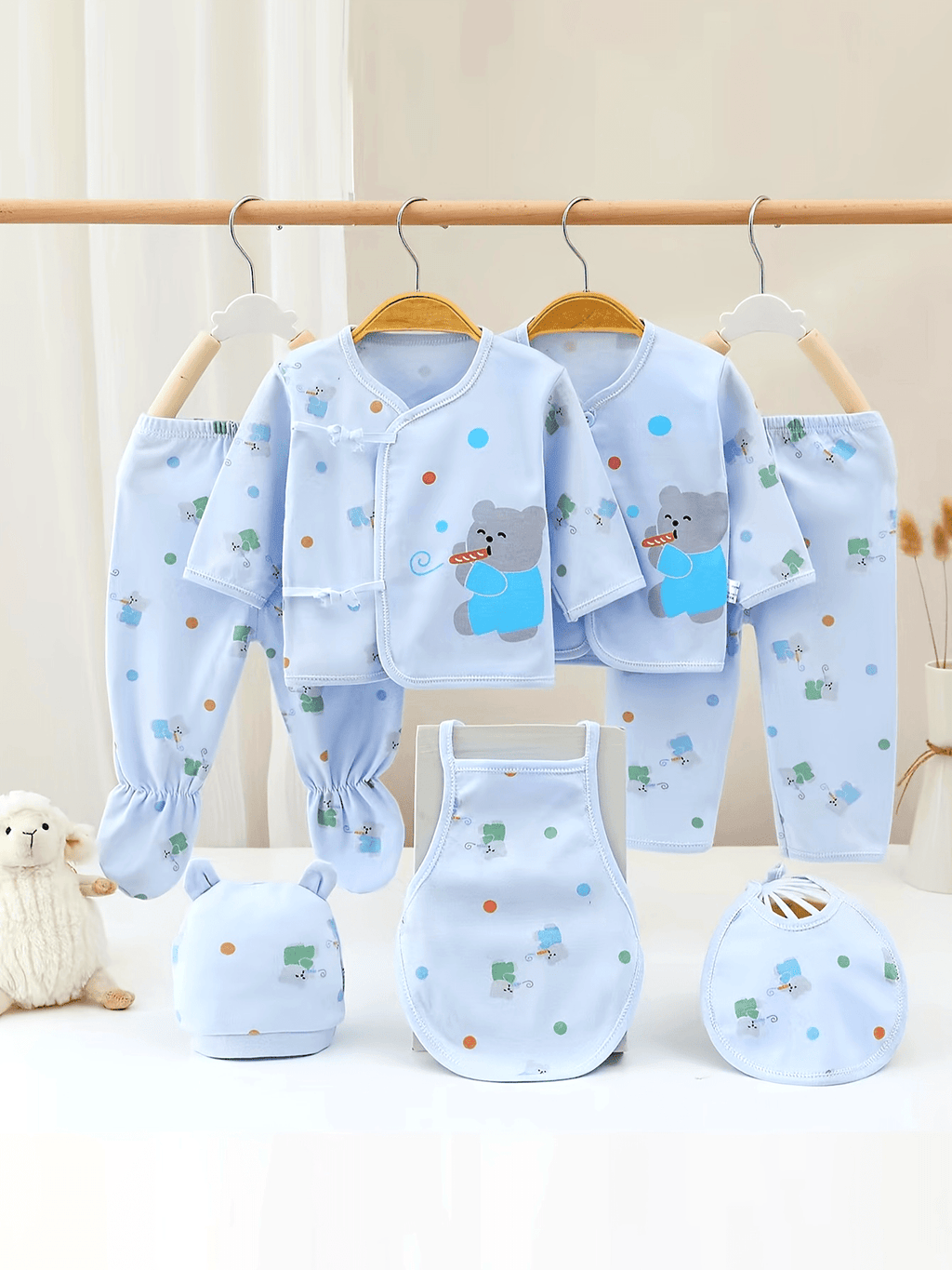 All-Year Comfy & Cute Baby Girl's 7-Piece Cotton Set: Lovely Bear & Rabbit Cartoons, Easy Care, Versatile Wear