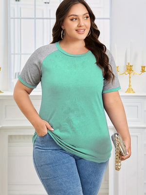 Plus Size Casual T-shirt, Women's Plus Colorblock Short Sleeve Round Neck Slight Stretch T-shirt