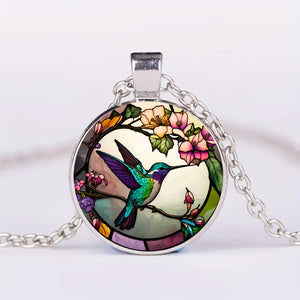 1pc Hummingbird Pattern Time Gem Round Pendant Necklace, For Men Women