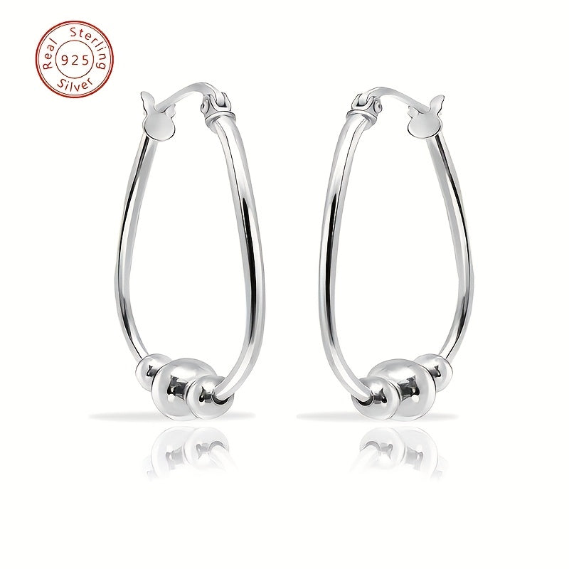 S925 Sterling Silver 3 Beaded Ring Earrings, 18mm Pendant Beaded Ring Earrings, Hypoallergenic Earrings, Silvery Earrings, Suitable For Wome