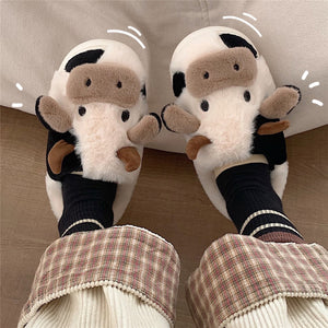 Women's Cartoon Cute Cow House Slippers, Warm Plush Lined Home Slippers, Women's Cozy Indoor Shoes