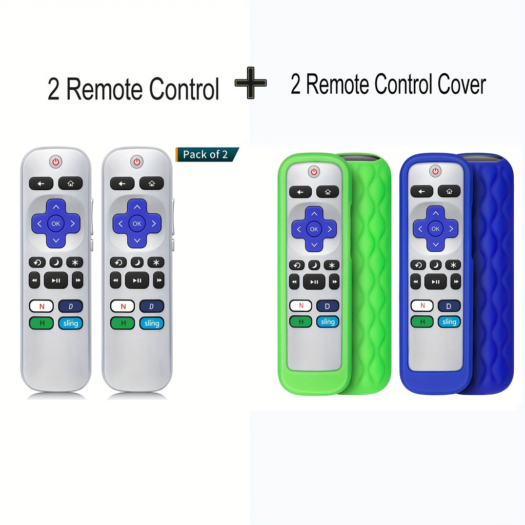 LOUTOC 4pcs-2pcs Silver Universal Replacement Remote Control for Roku TV, Not for Stick and Box, Plus 2pcs Silicone Remote Control Cover for Controller Protection with Universal Sleeve Skin Glow in the Dark Blue and Green, Infrared Connection, Easy to Use