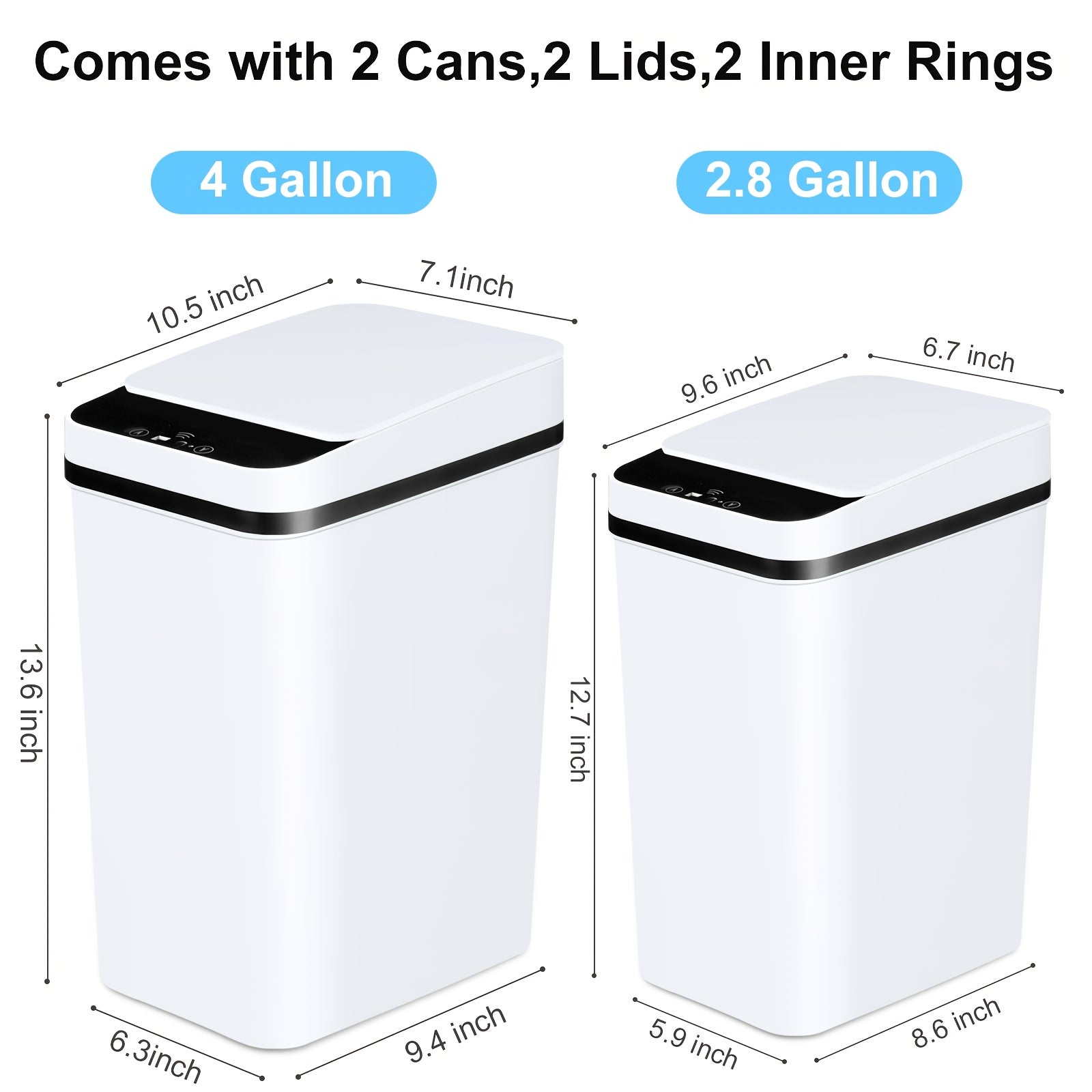 2pcs Smart Motion Sensor Trash Cans with Lids – 4 Gallon & 2.8 Gallon Capacity, Touchless Garbage Bins for Kitchen, Bedroom, Office, and Living Room, Wireless Infrared Technology, Sleek White Design, Living Room Trash Bins | Minimalist Design | Stylish In