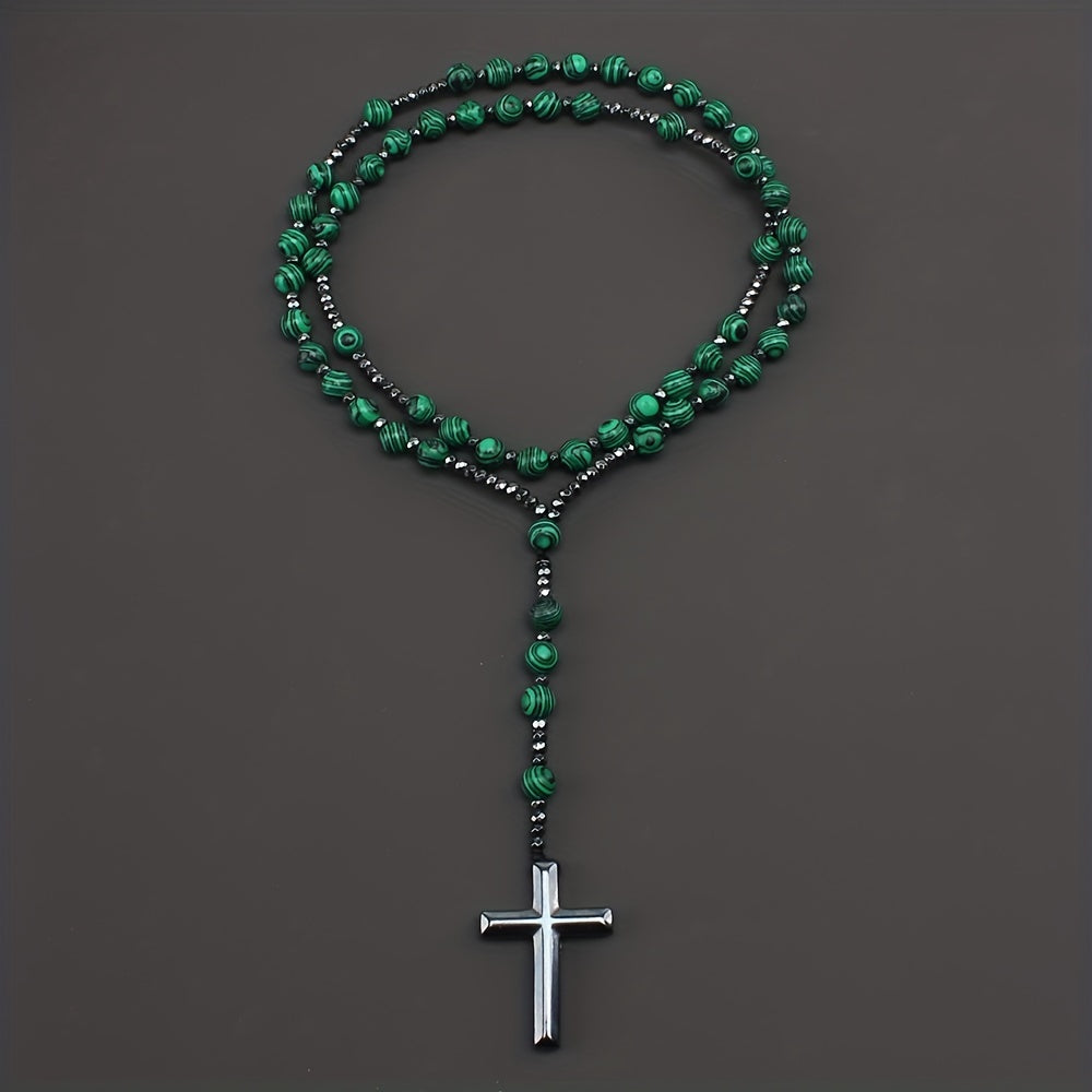 1pc Fashion Retro Style Jewelry, Natural Stone Round Beads Malachite Hematite Cross Religious Rosary Beads Men's Long Necklace, For Daily We