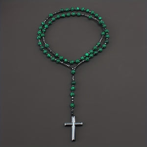 1pc Fashion Retro Style Jewelry, Natural Stone Round Beads Malachite Hematite Cross Religious Rosary Beads Men's Long Necklace, For Daily We