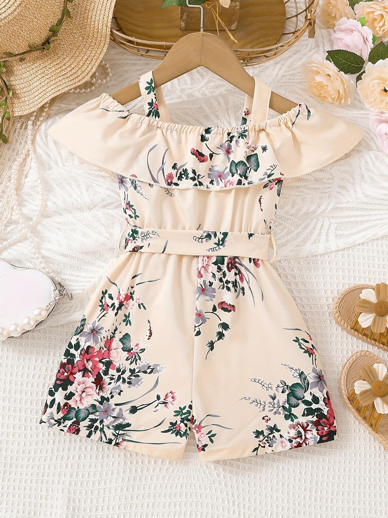 Girls Casual Ruffled Off-Shoulder Dress Flower Graphic Jumpsuit For Summer Girls Clothes