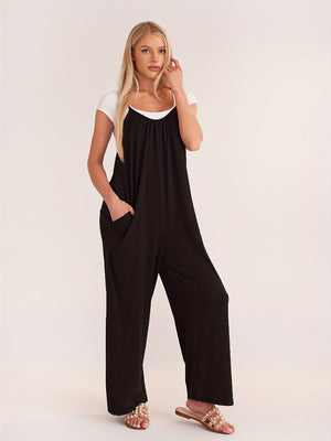 Women'S Solid Color Slip Pocket Loose Suspender Jumpsuit