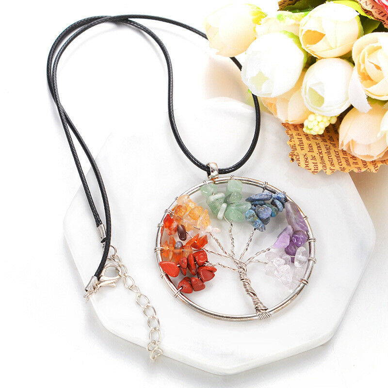 Gemstone Quartz Crystal Wisdom Life Tree Woven Pendant Necklace Chakra Chain